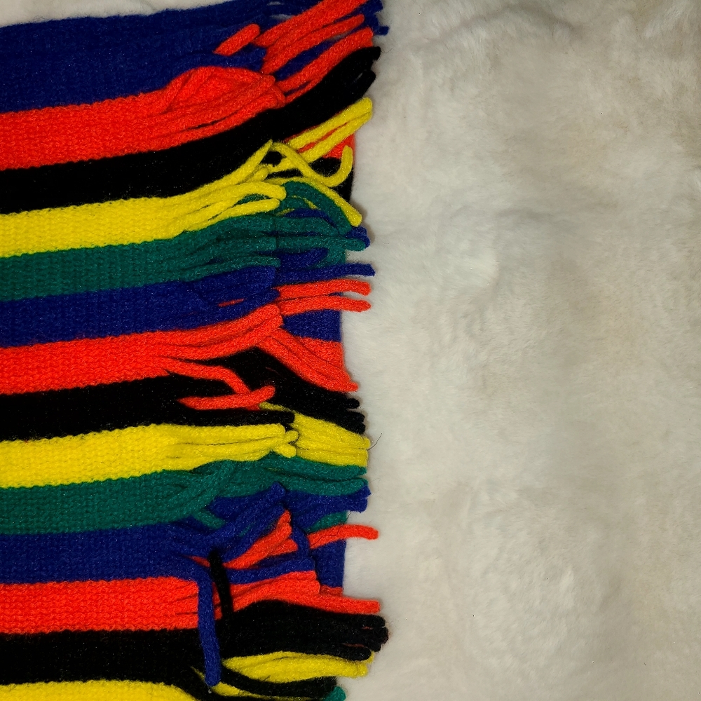 Uniqlo Red, Yellow, green, blue, and black, Striped Scarf with Fringed Ends - Picture 3 of 4